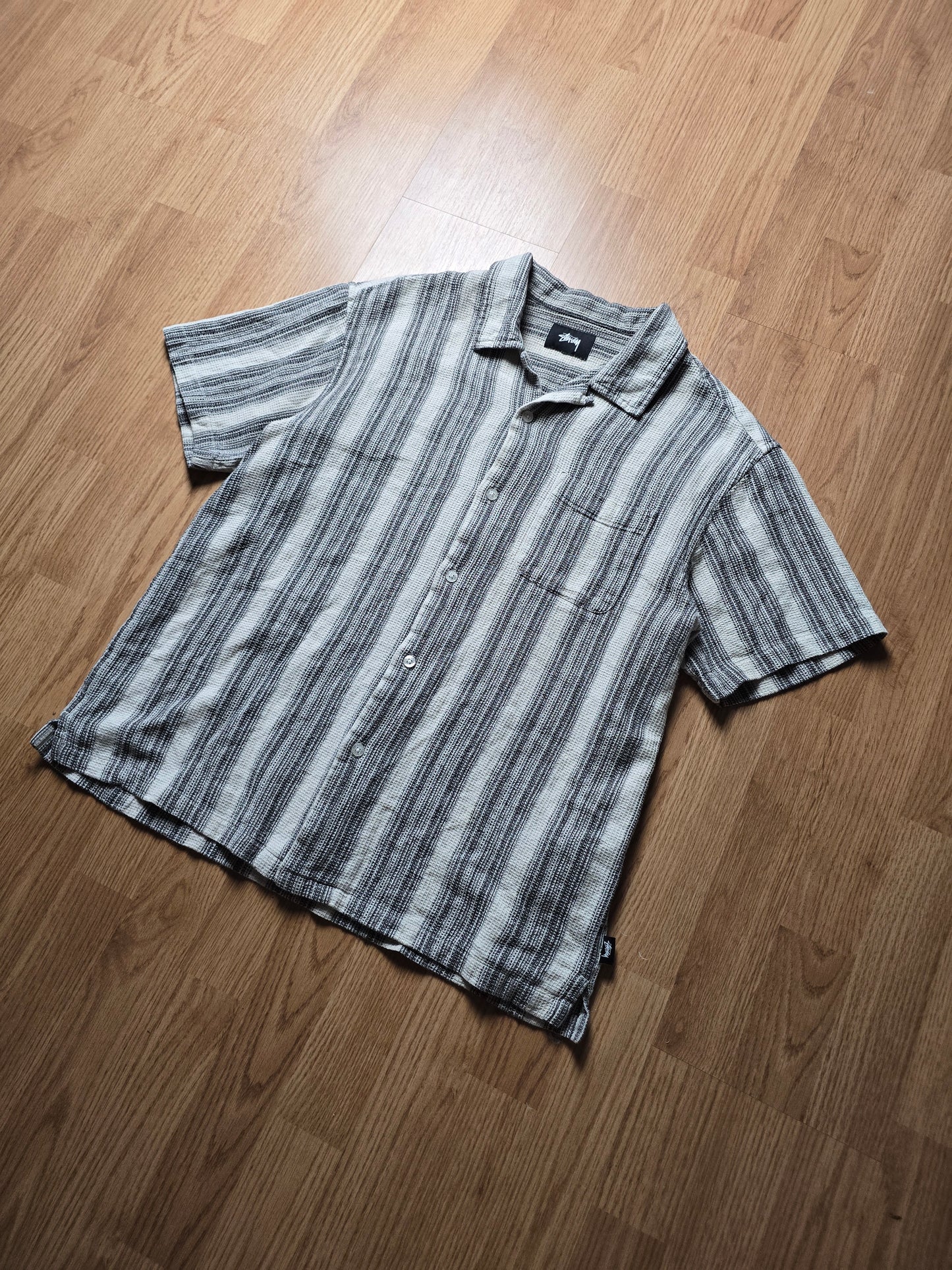 Stussy Camp Collar Striped Waffle Knit Cotton Shirt (S)