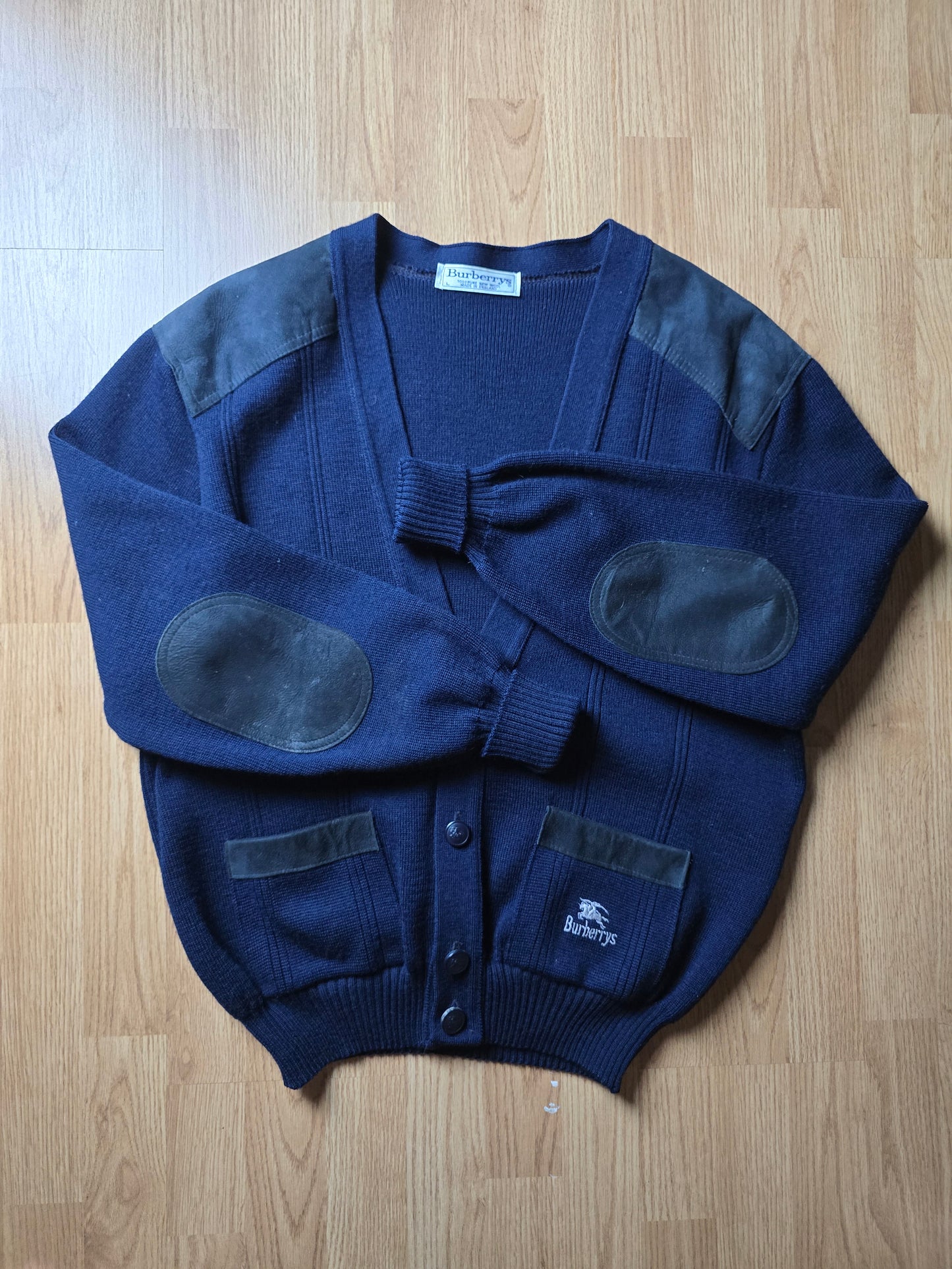 Vintage 80s Burberry Wool & Suede Heavyweight Cardigan (L)