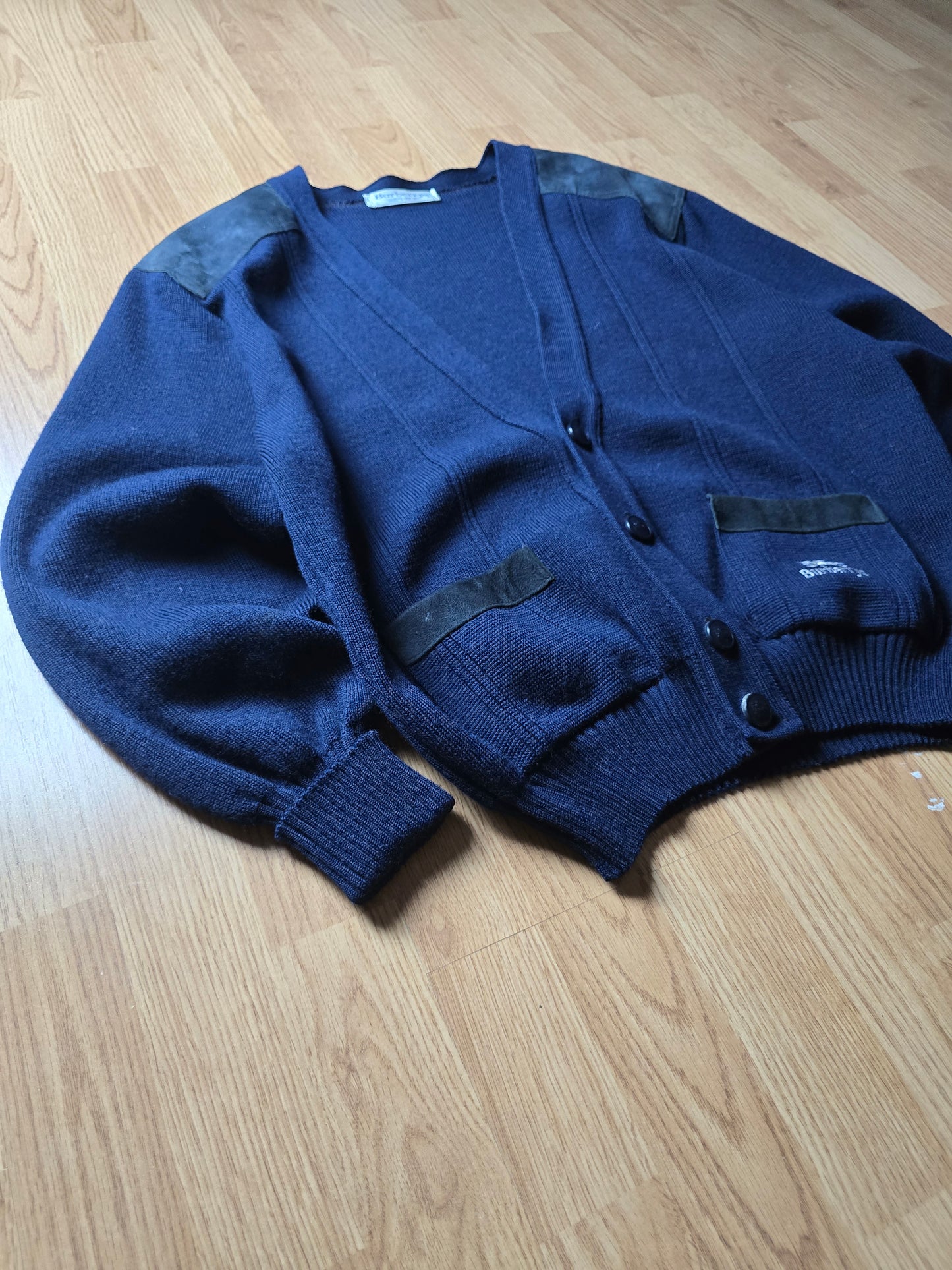 Vintage 80s Burberry Wool & Suede Heavyweight Cardigan (L)