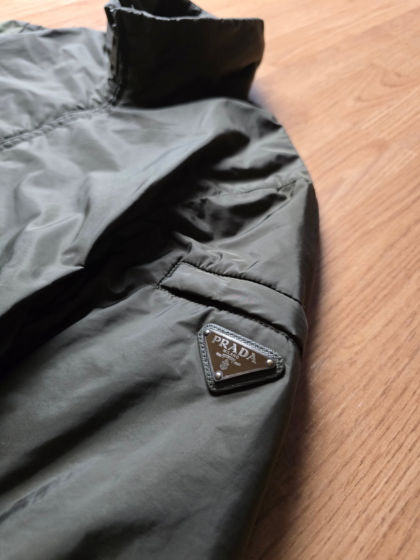 Prada Milano 2017 Padded Resin-Coated Nylon Plaque Jacket (M)