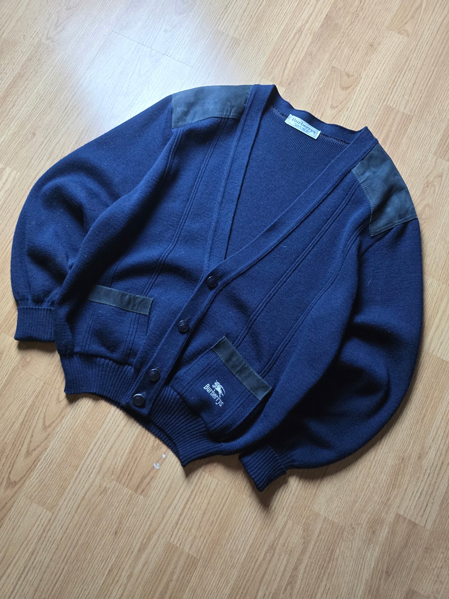 Vintage 80s Burberry Wool & Suede Heavyweight Cardigan (L)