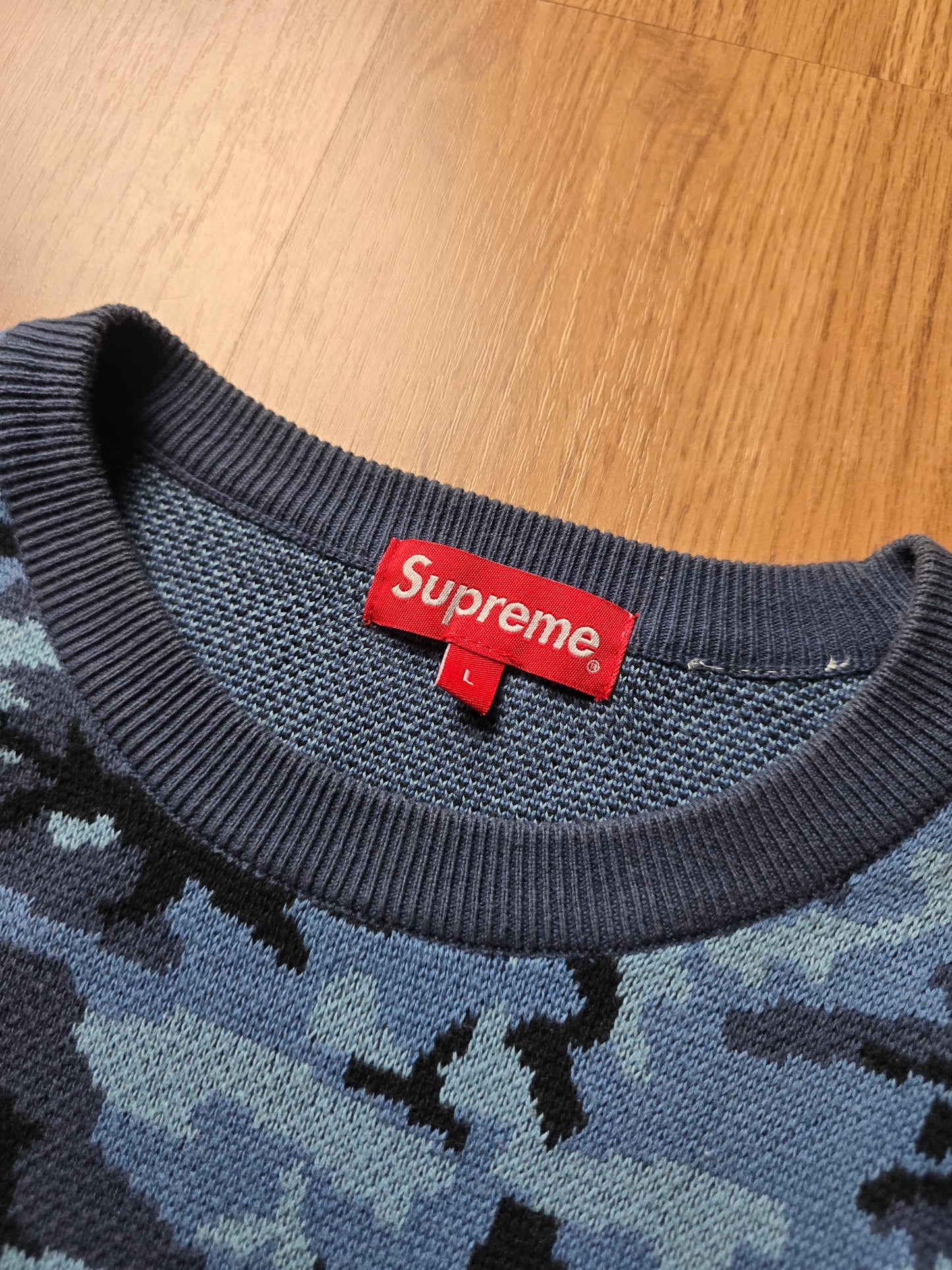 Supreme Sleeve Stripe Blue Camo Knit Sweater (L)