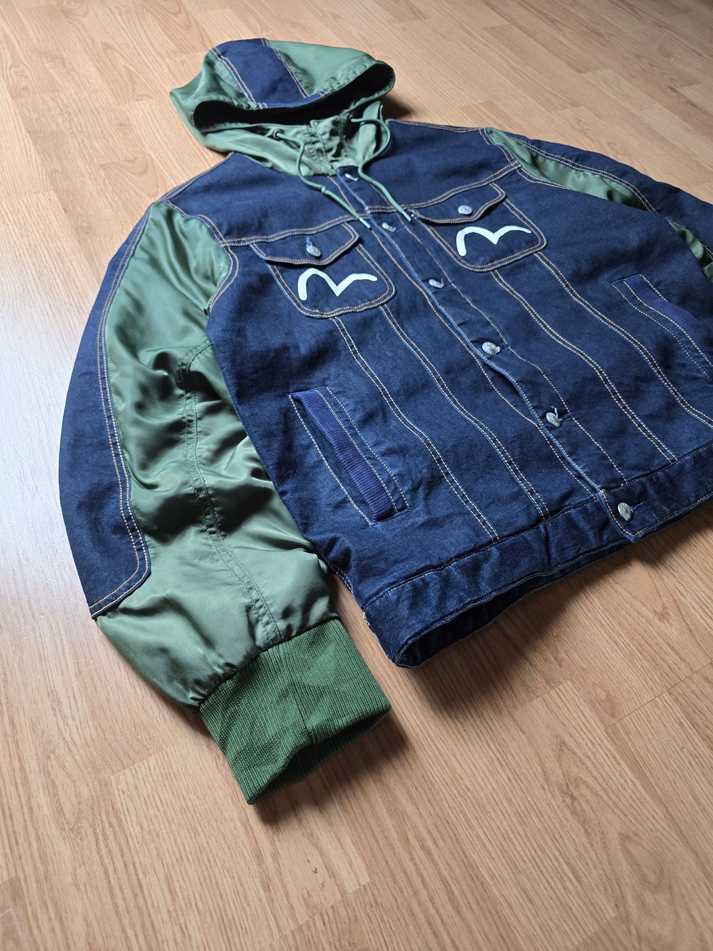 RARE Evisu Denim Panelled Hooded Jacket (L)