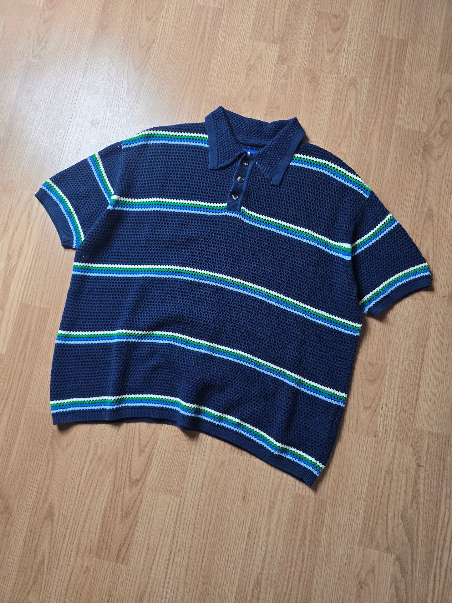 Picante Mesh Knit Striped Polo Shirt (S/M)