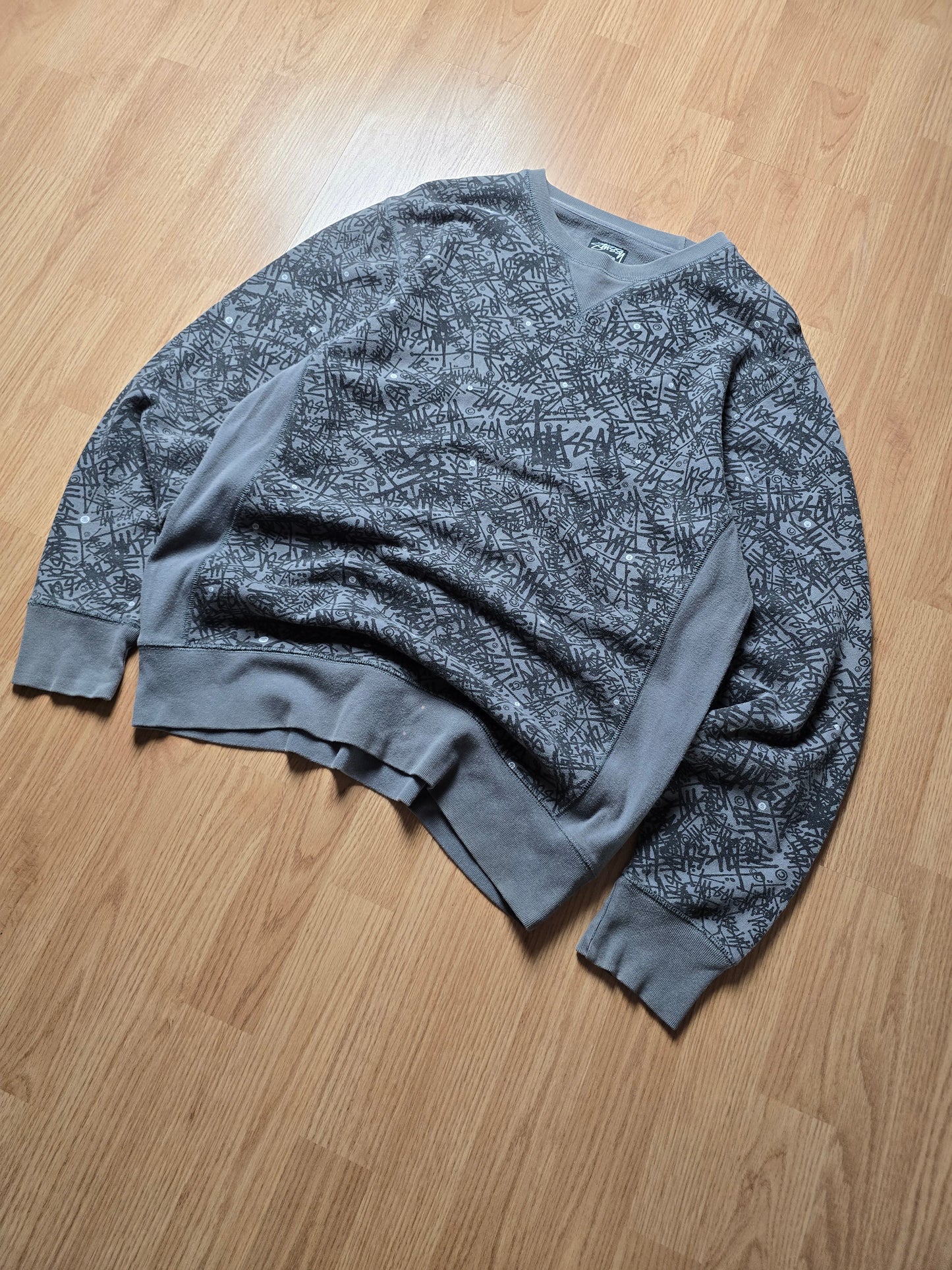 00s Stussy All-Over Graffiti Print Crewneck Sweatshirt (L)