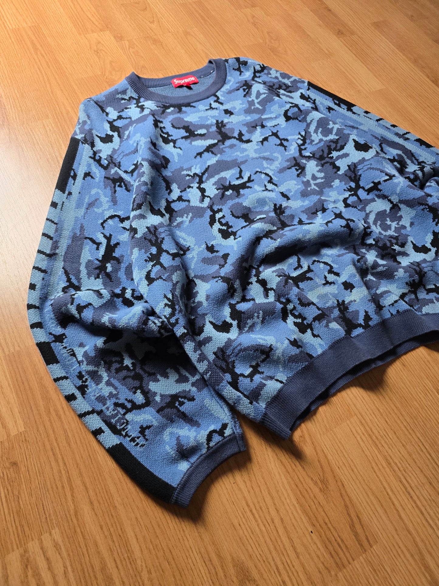 Supreme Sleeve Stripe Blue Camo Knit Sweater (L)
