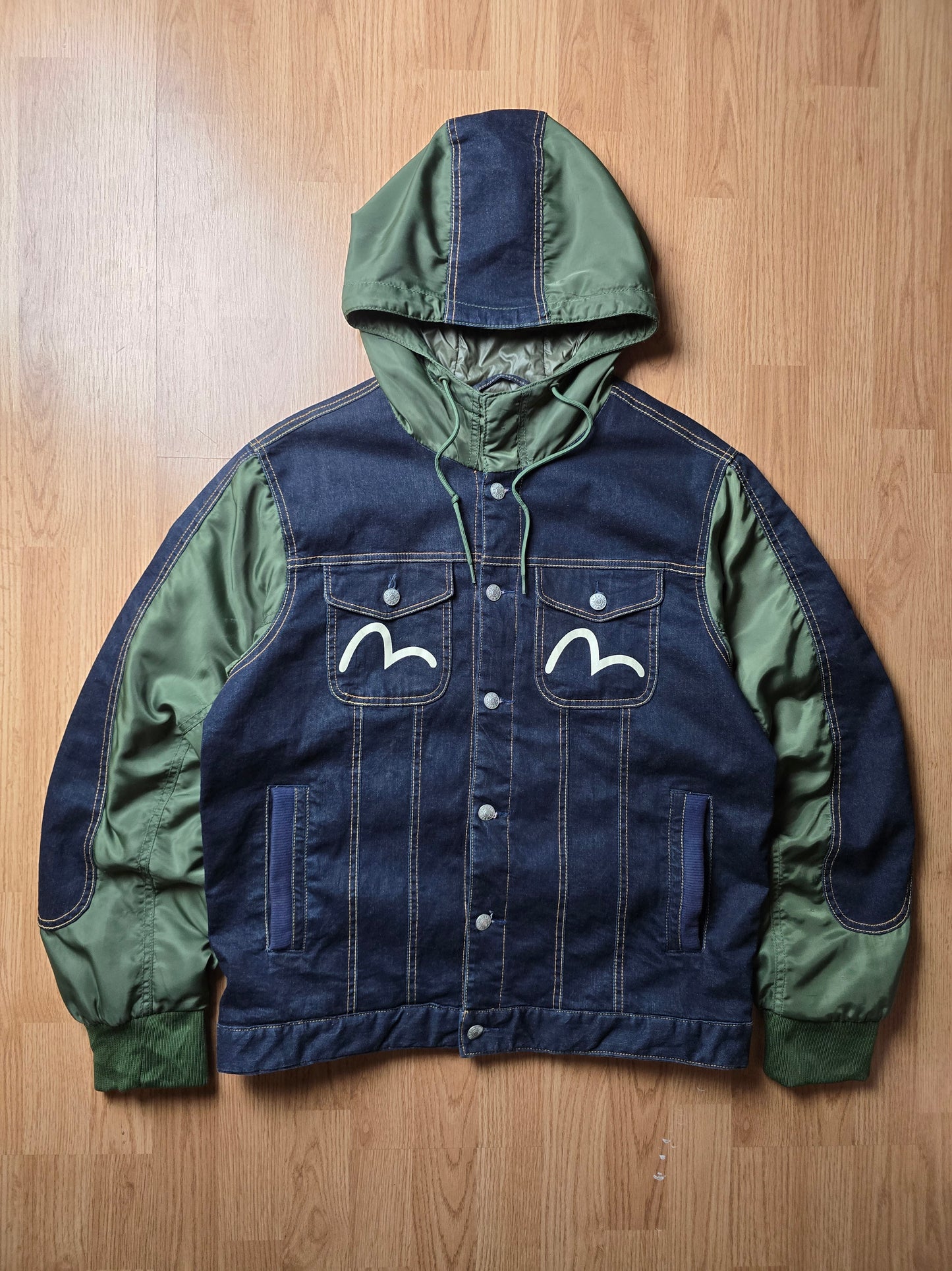 RARE Evisu Denim Panelled Hooded Jacket (L)