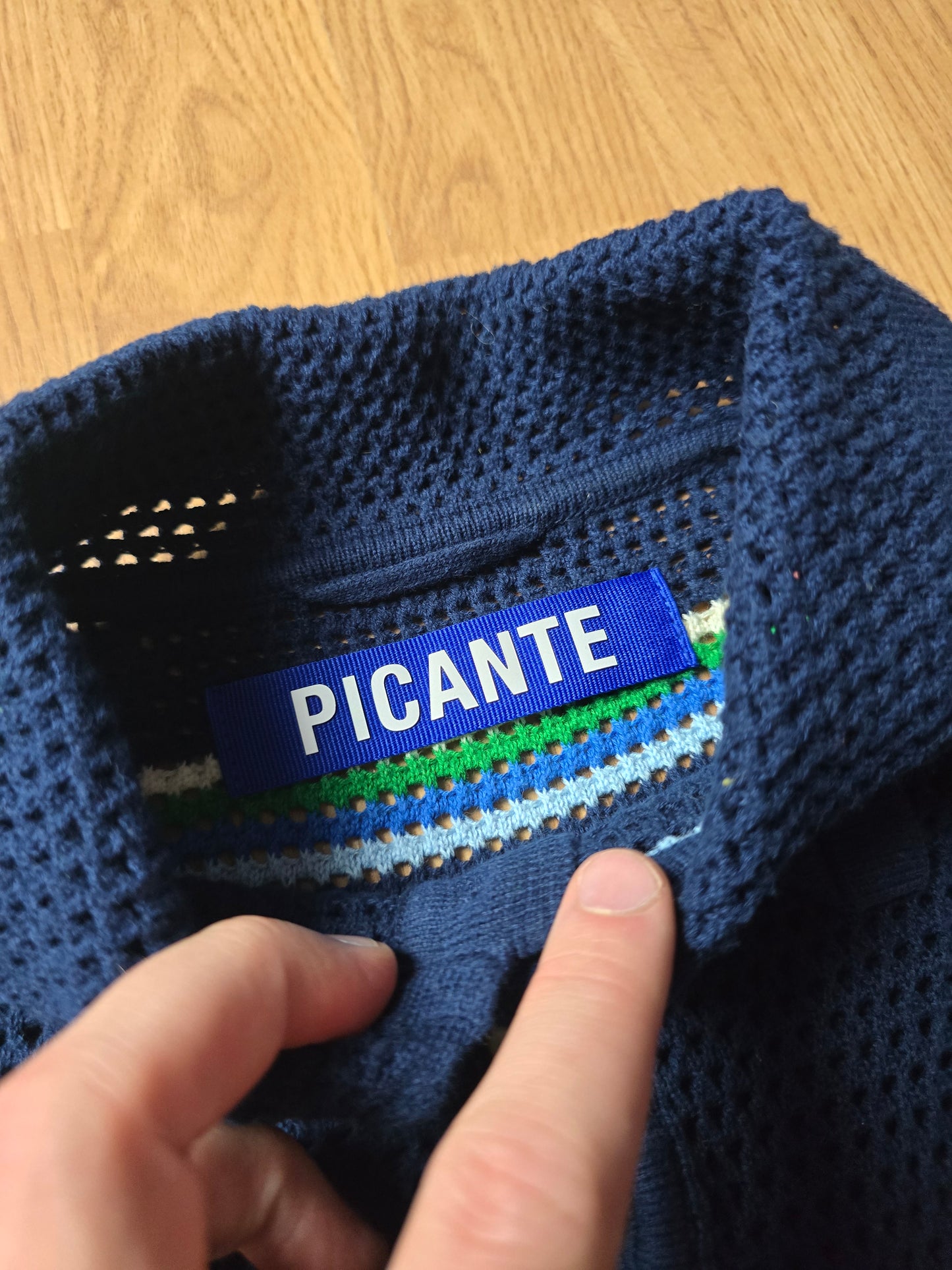 Picante Mesh Knit Striped Polo Shirt (S/M)
