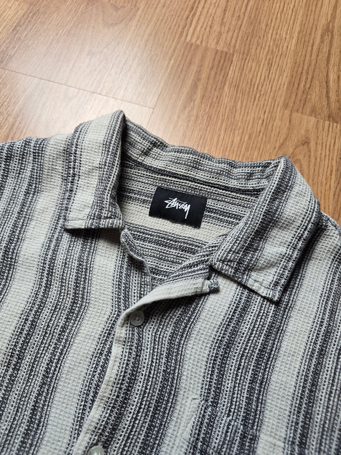 Stussy Camp Collar Striped Waffle Knit Cotton Shirt (S)