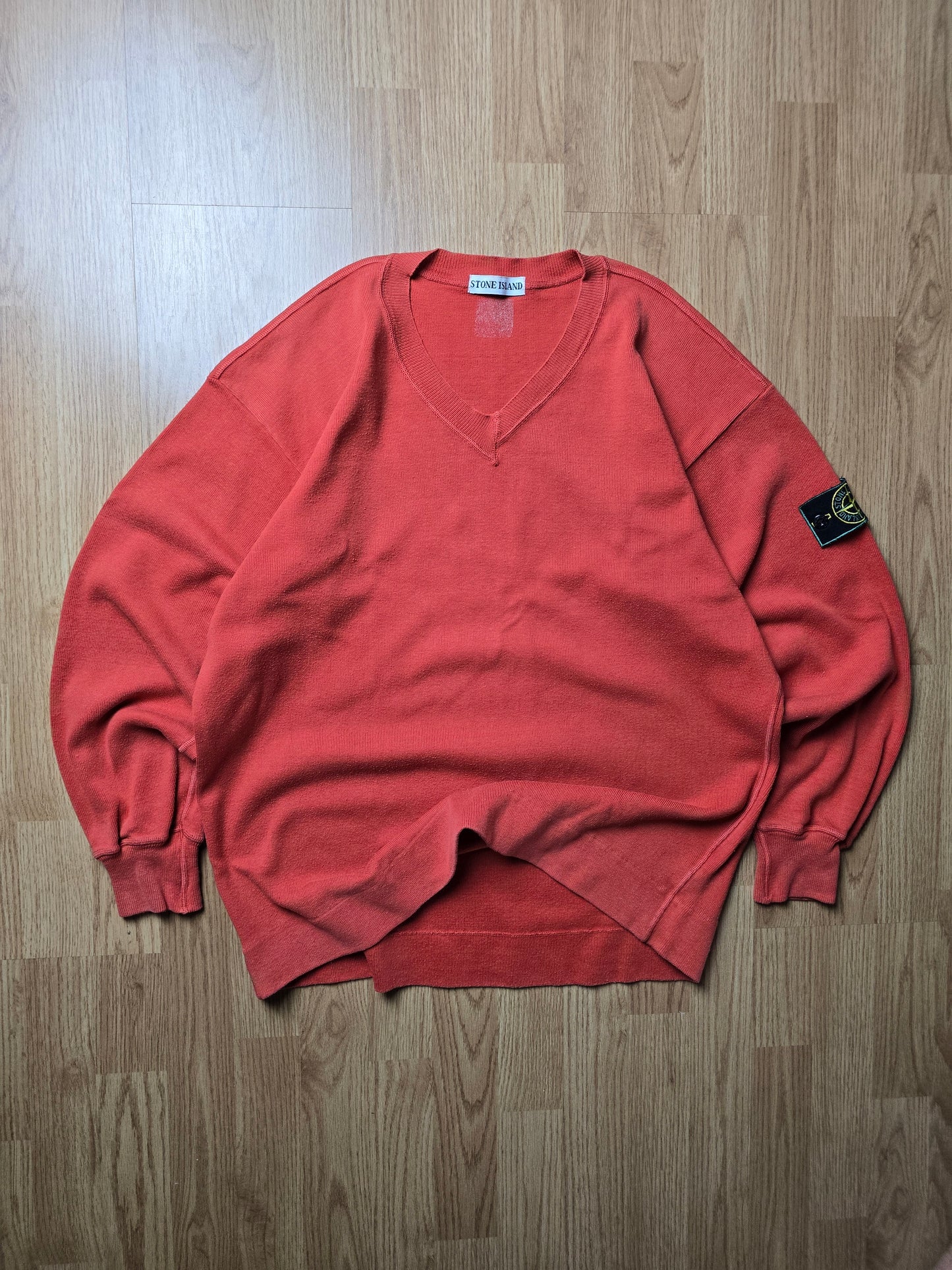 80s Stone Island Green Edge V-Neck Sweater (L)