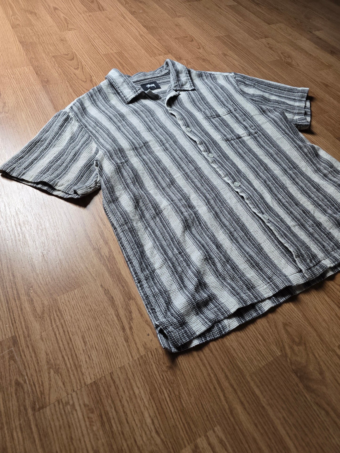 Stussy Camp Collar Striped Waffle Knit Cotton Shirt (S)