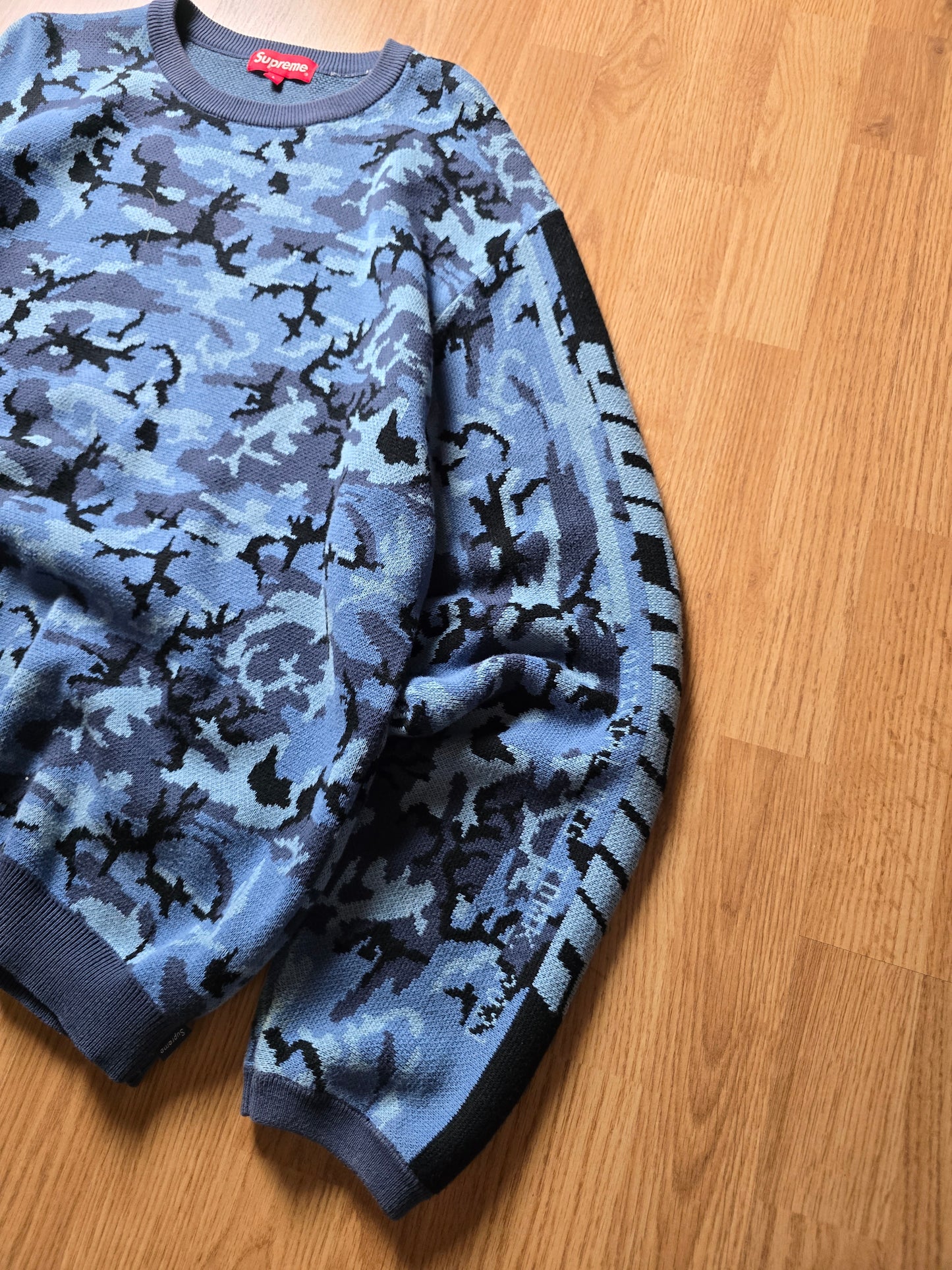 Supreme Sleeve Stripe Blue Camo Knit Sweater (L)