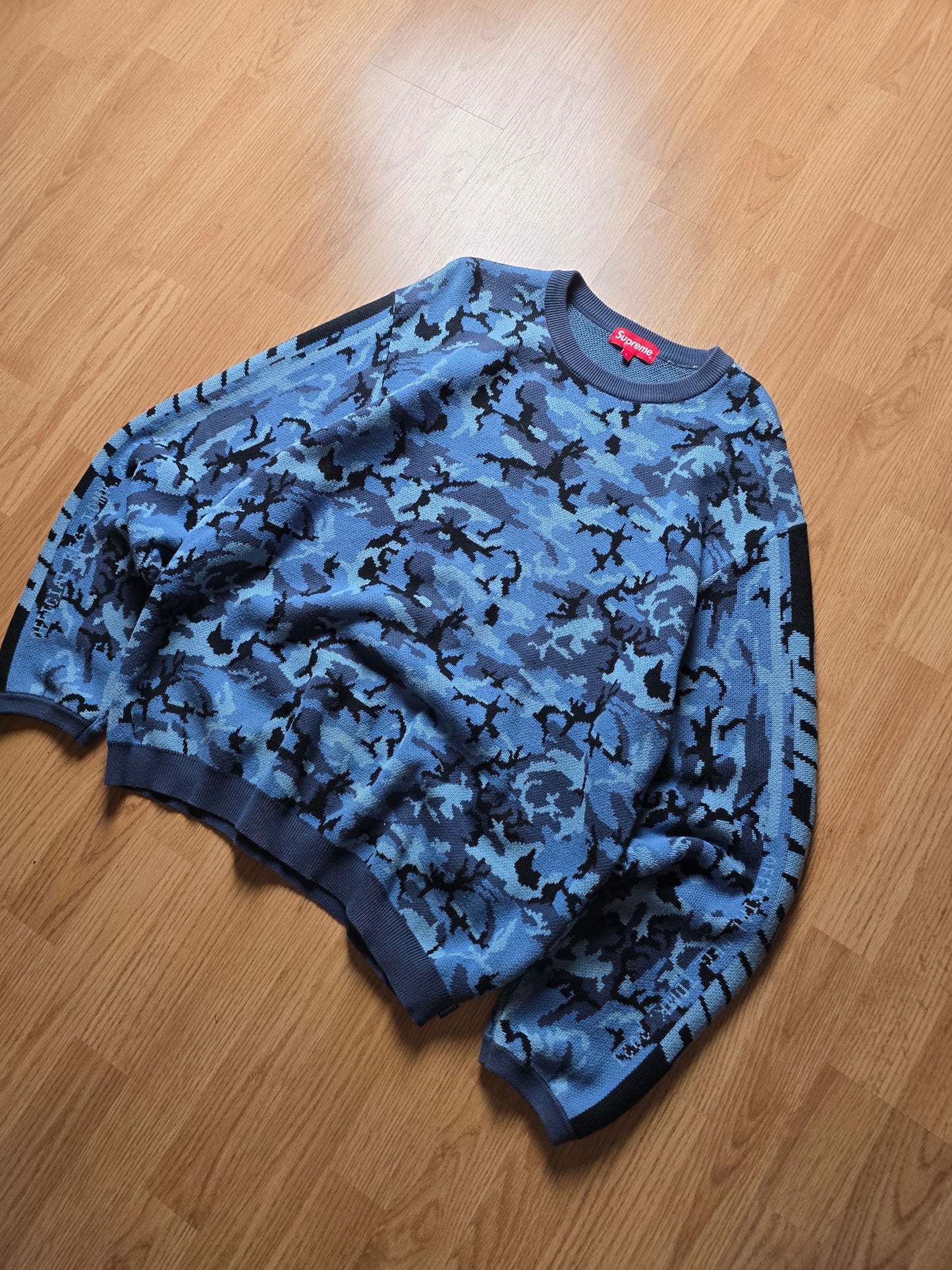 Supreme Sleeve Stripe Blue Camo Knit Sweater (L)