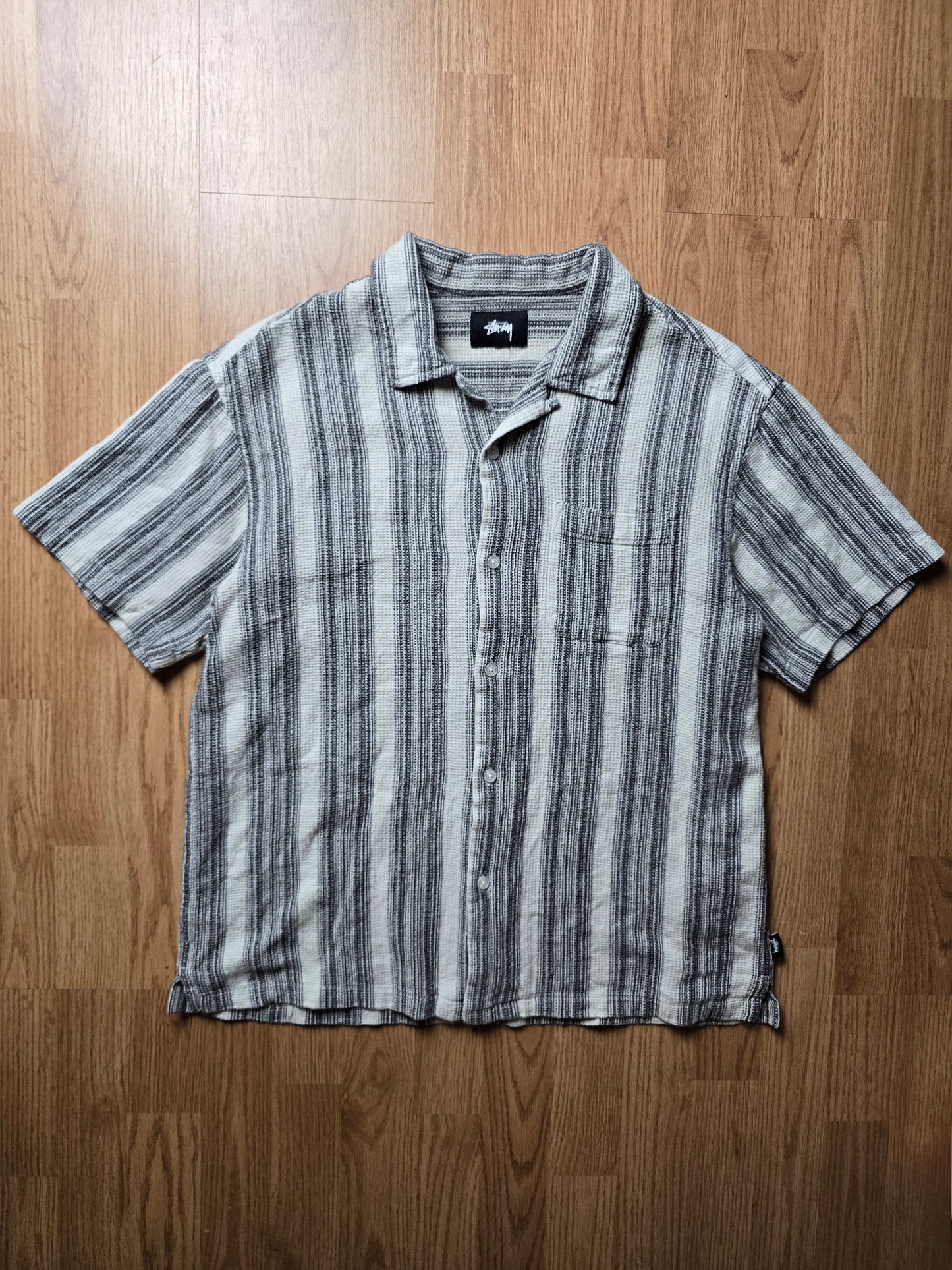 Stussy Camp Collar Striped Waffle Knit Cotton Shirt (S)