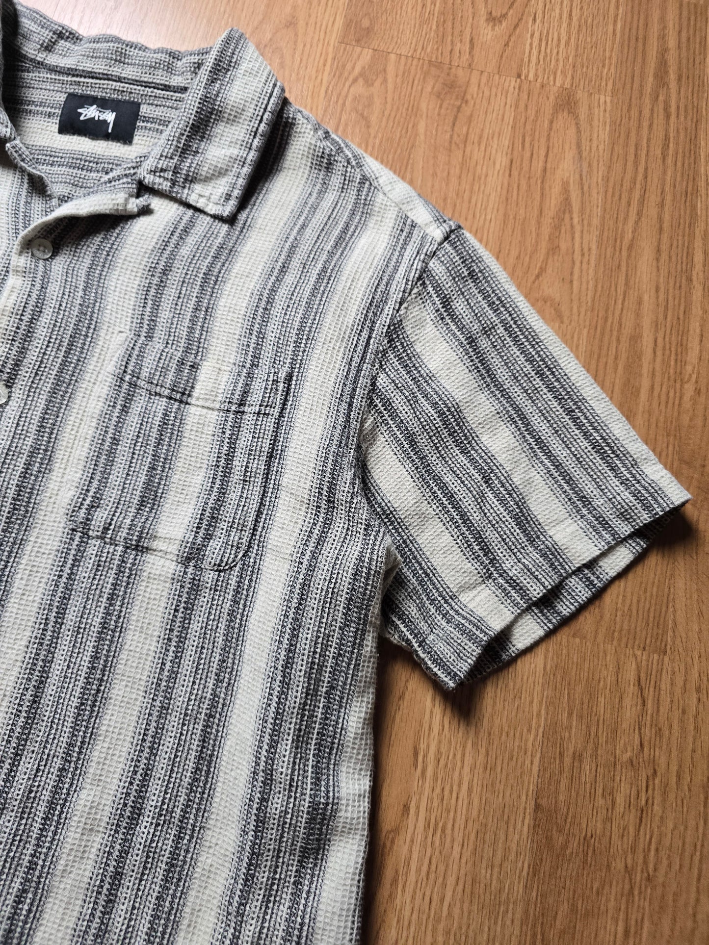Stussy Camp Collar Striped Waffle Knit Cotton Shirt (S)