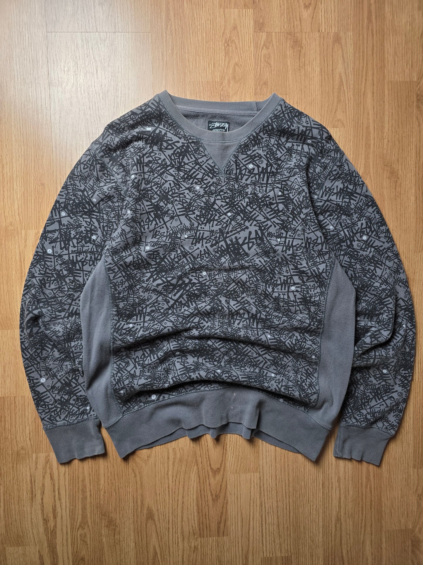 00s Stussy All-Over Graffiti Print Crewneck Sweatshirt (L)