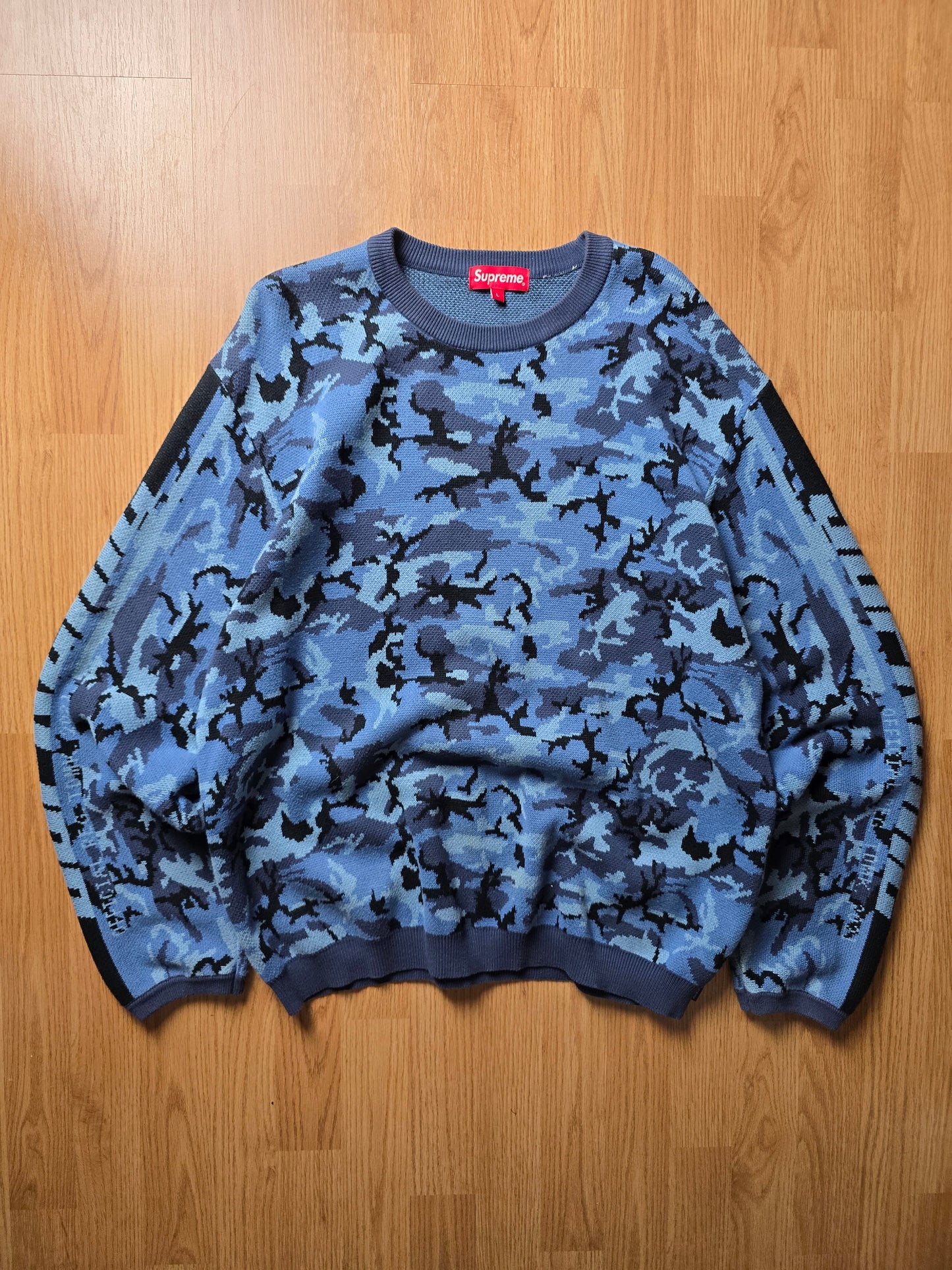 Supreme Sleeve Stripe Blue Camo Knit Sweater (L)