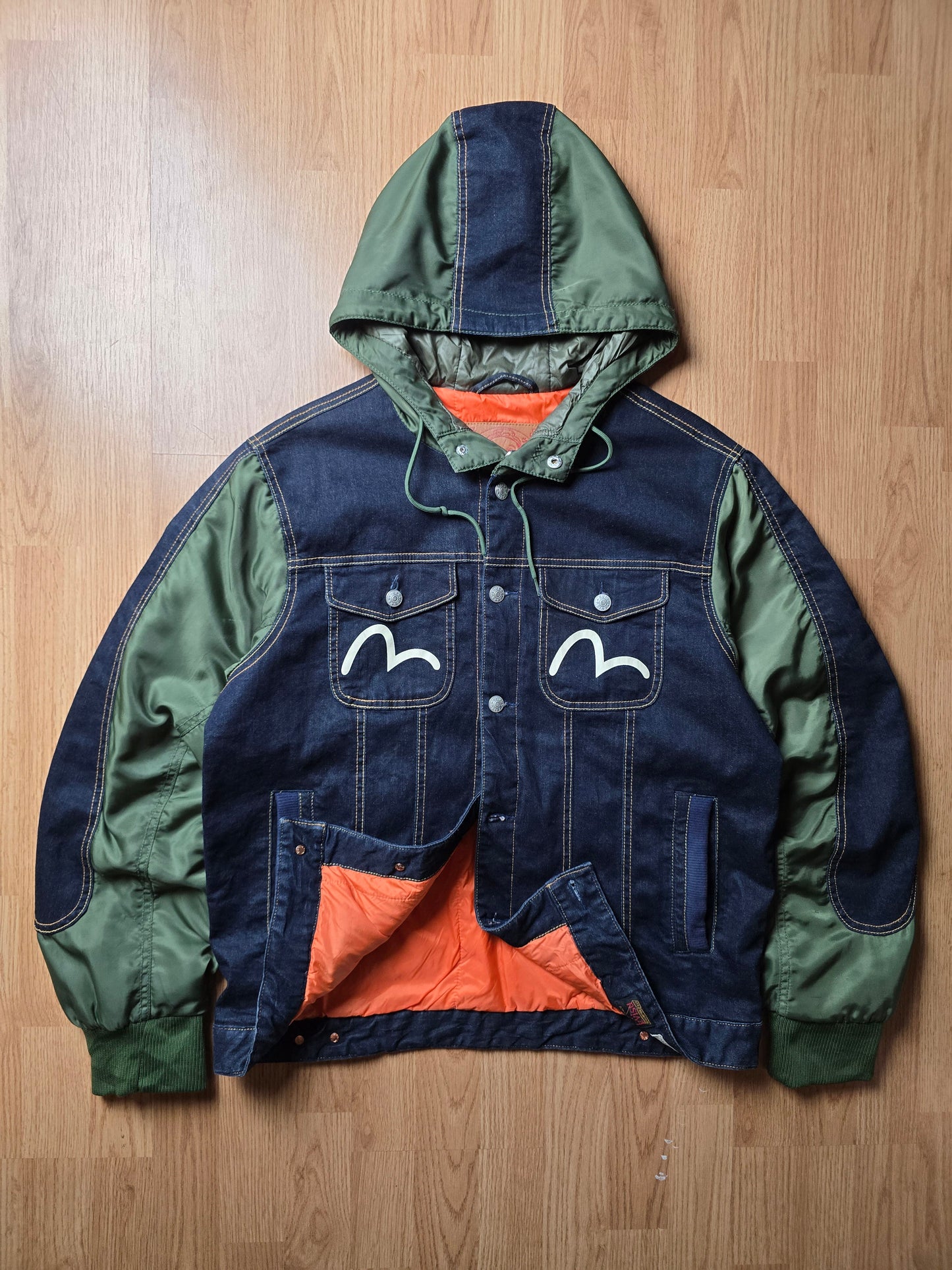 RARE Evisu Denim Panelled Hooded Jacket (L)