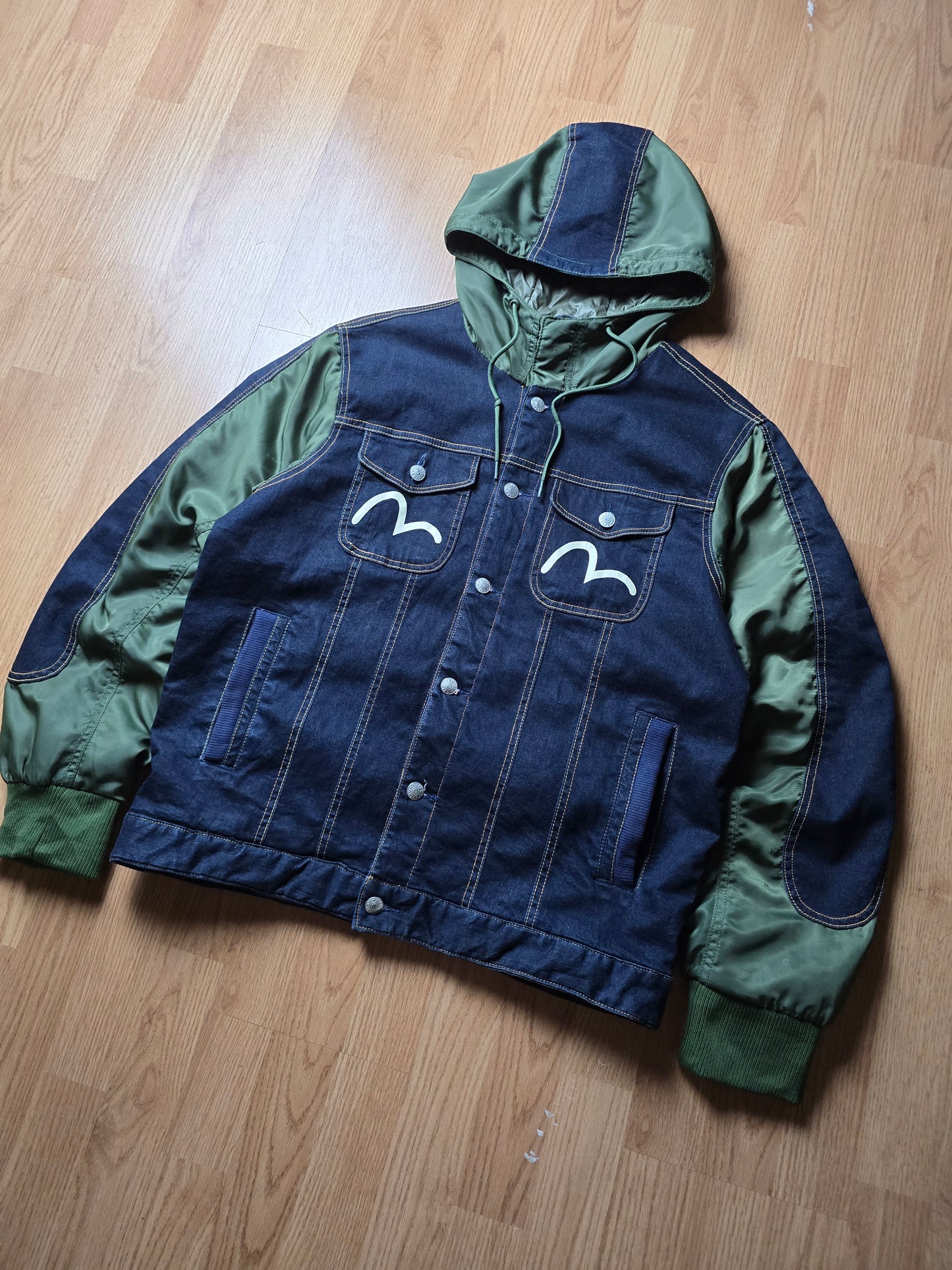 RARE Evisu Denim Panelled Hooded Jacket (L)